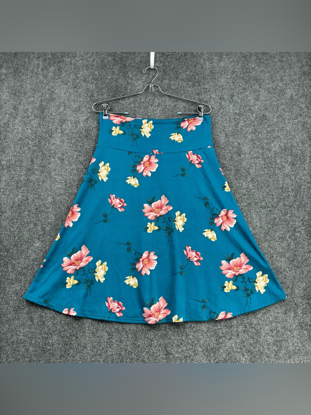 Colette Teal Floral Whimsy Mali Brushed Stretchy Knit A Line Skirt Women’s M